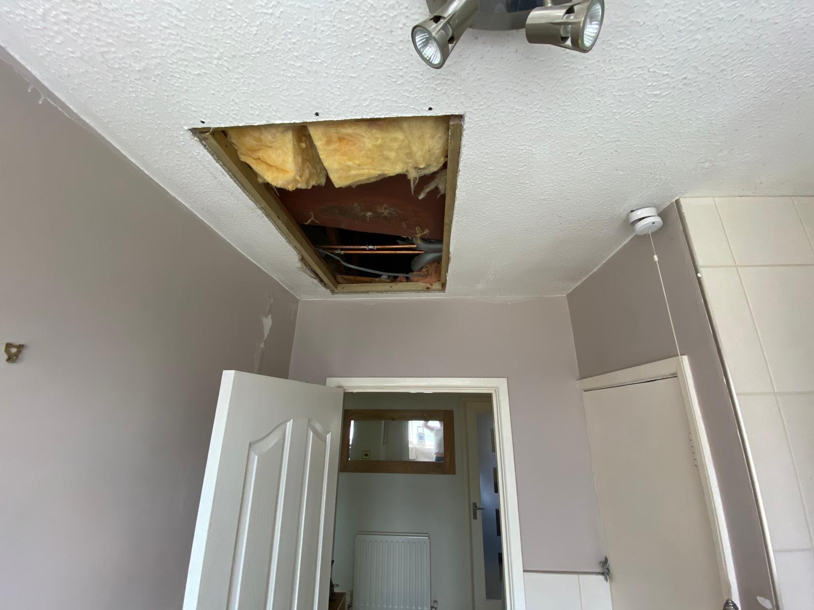 Damaged blown ceiling with exposed insulation before repair